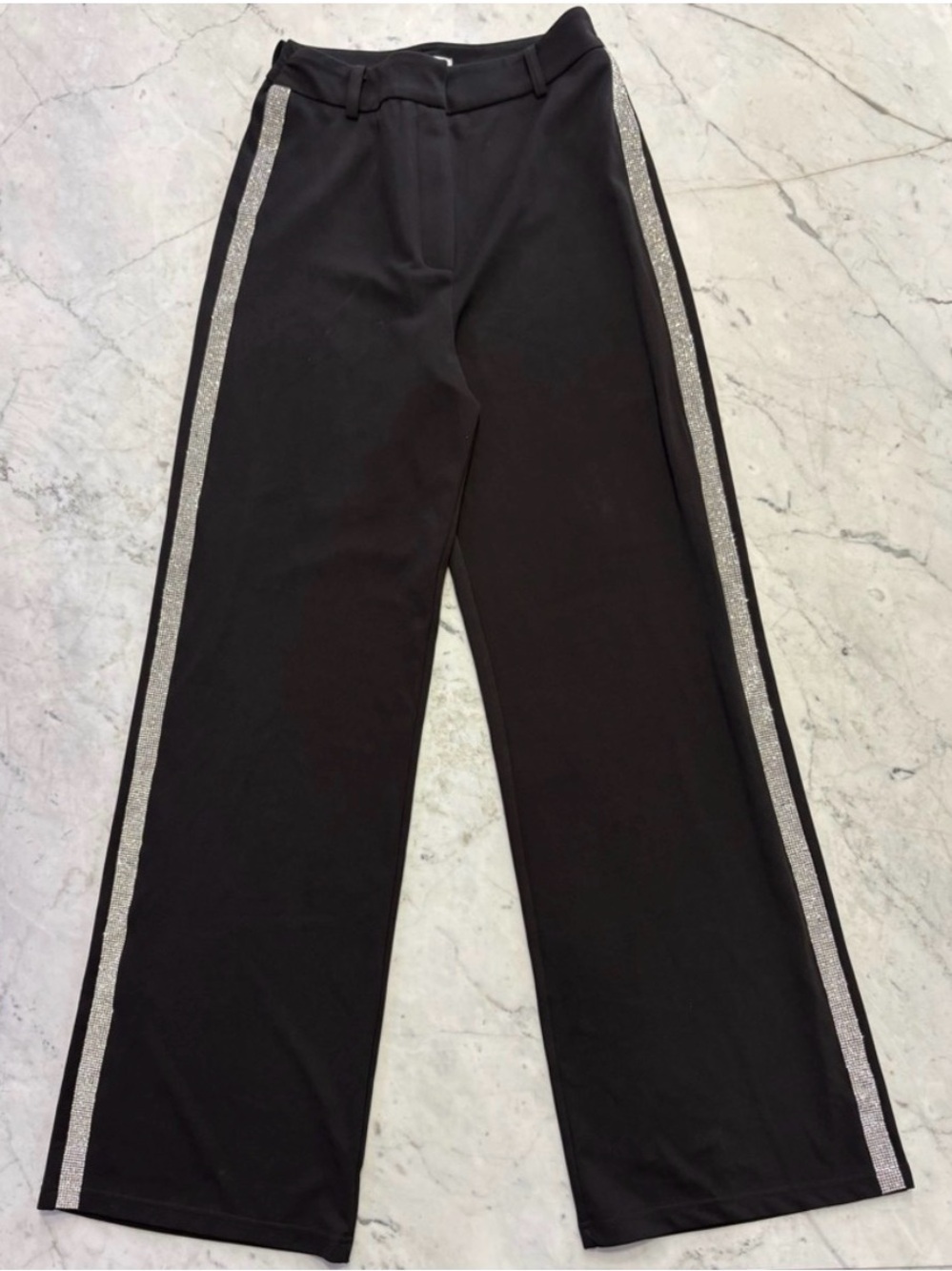Black Wide-Leg Trousers with Silver Rhinestone Stripe